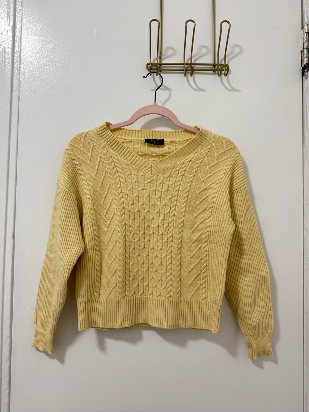 Tahari Soft Yellow Cable V-Neck Sweater